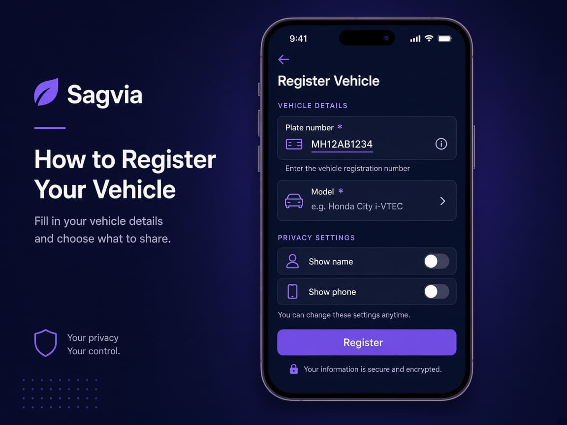 Sagvia vehicle registration screen