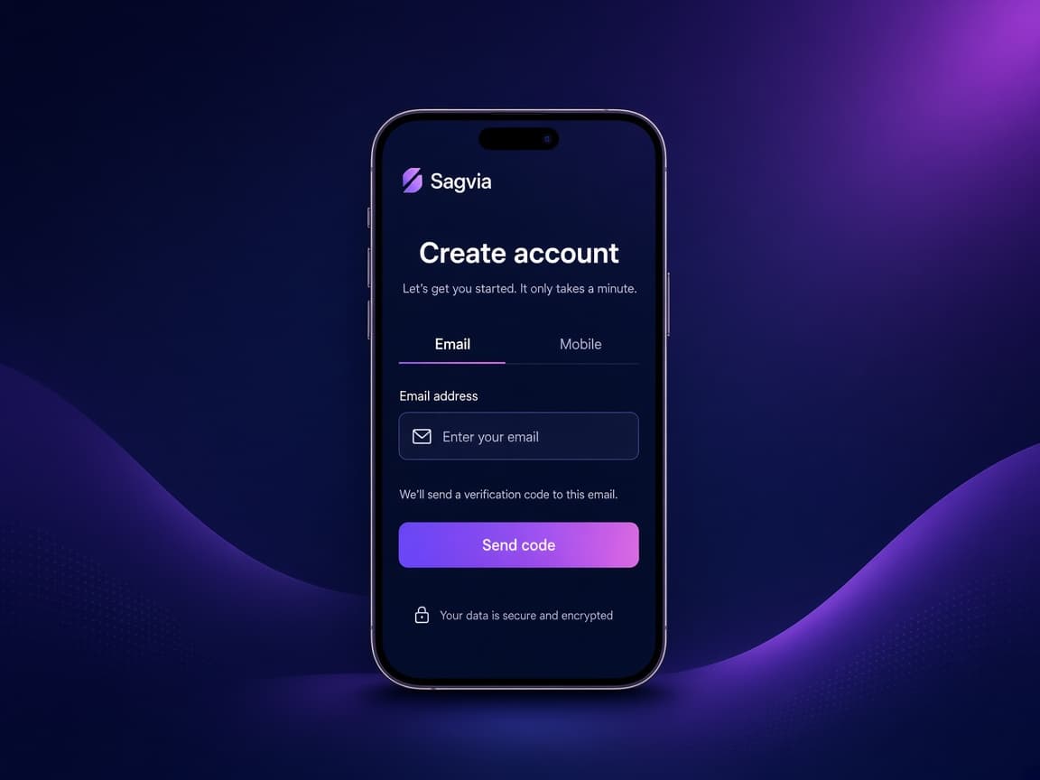 Sagvia create-account screen with email or mobile and a send-code button